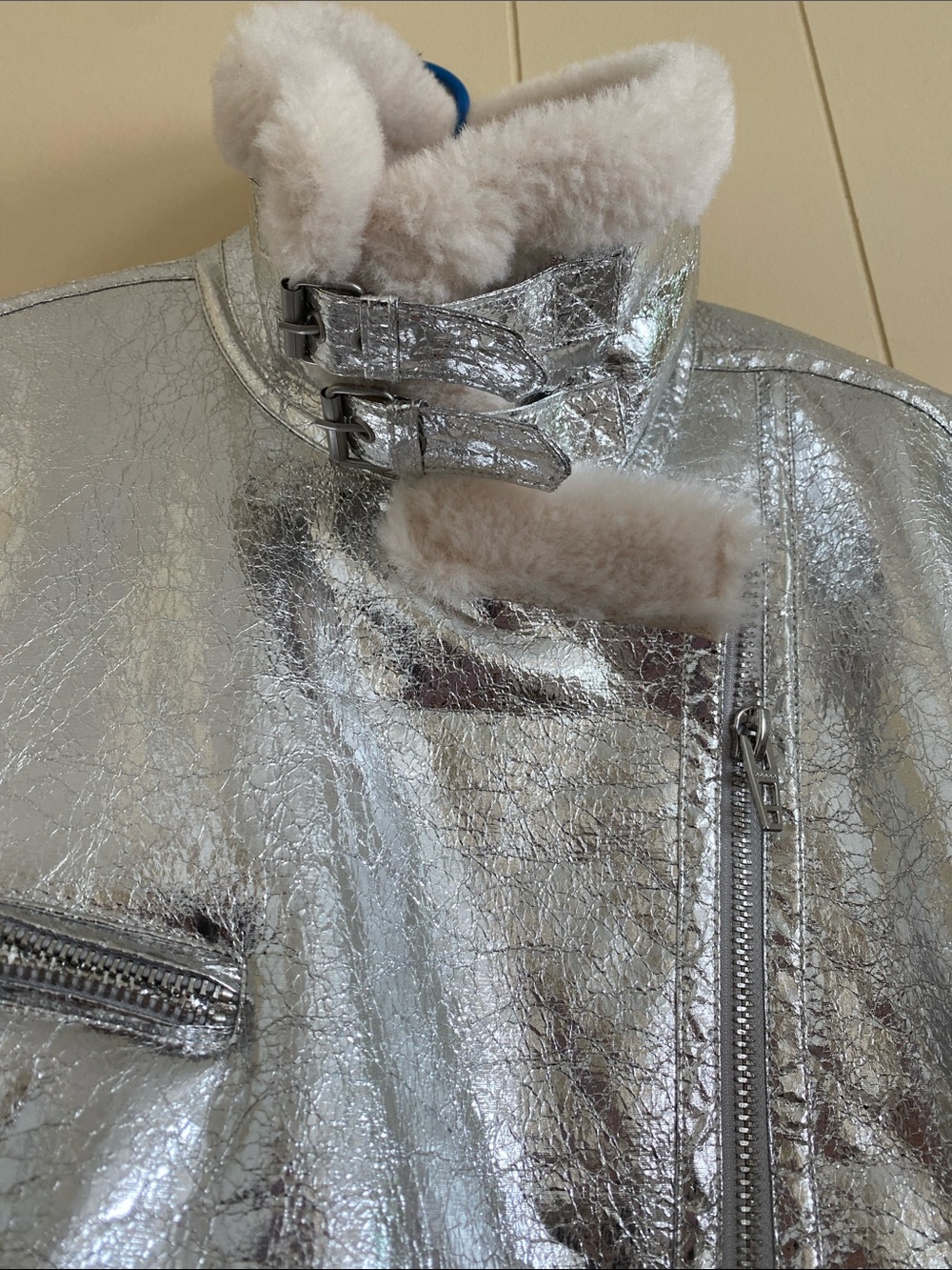 Blank NYC Metallic Silver Faux-Shearling Bomber Jacket - Picture 7 of 14